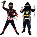 Young warrior wearing a boys ninja costume with martial arts-inspired outfit and toy accessories.