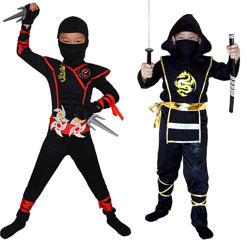 Young warrior wearing a boys ninja costume with martial arts-inspired outfit and toy accessories.
