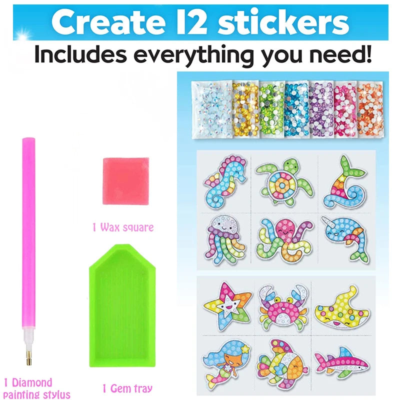 12 Create Big Gem Diamond Painting Sticker Kit Art Craft Girls Boys Unicorn Animal Sealife Magical Mosaic Dot Sticky Toys Gifts