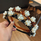 Double Layer Braided Pearl Headband for Women