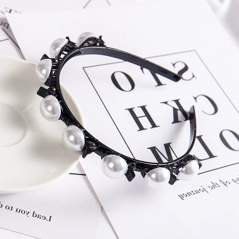 Double Layer Braided Pearl Headband for Women