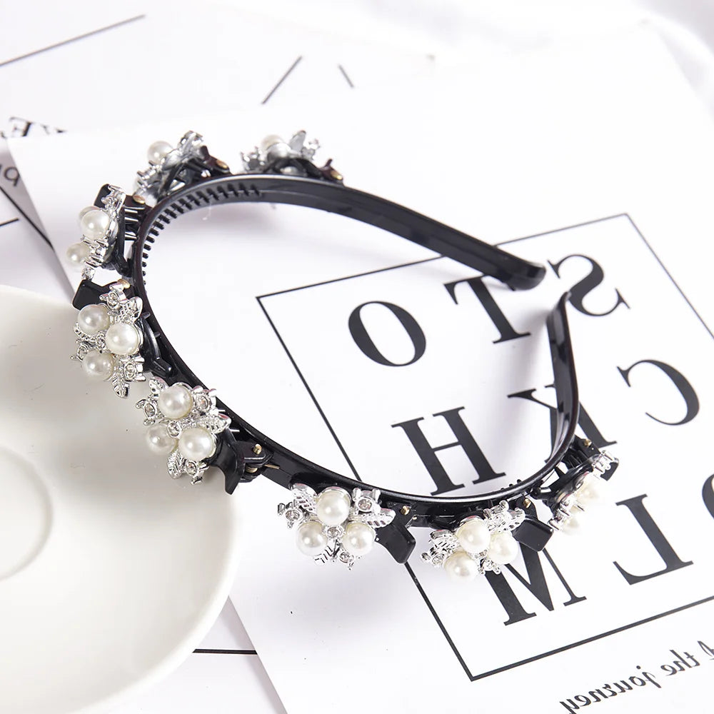 Double Layer Braided Pearl Headband for Women