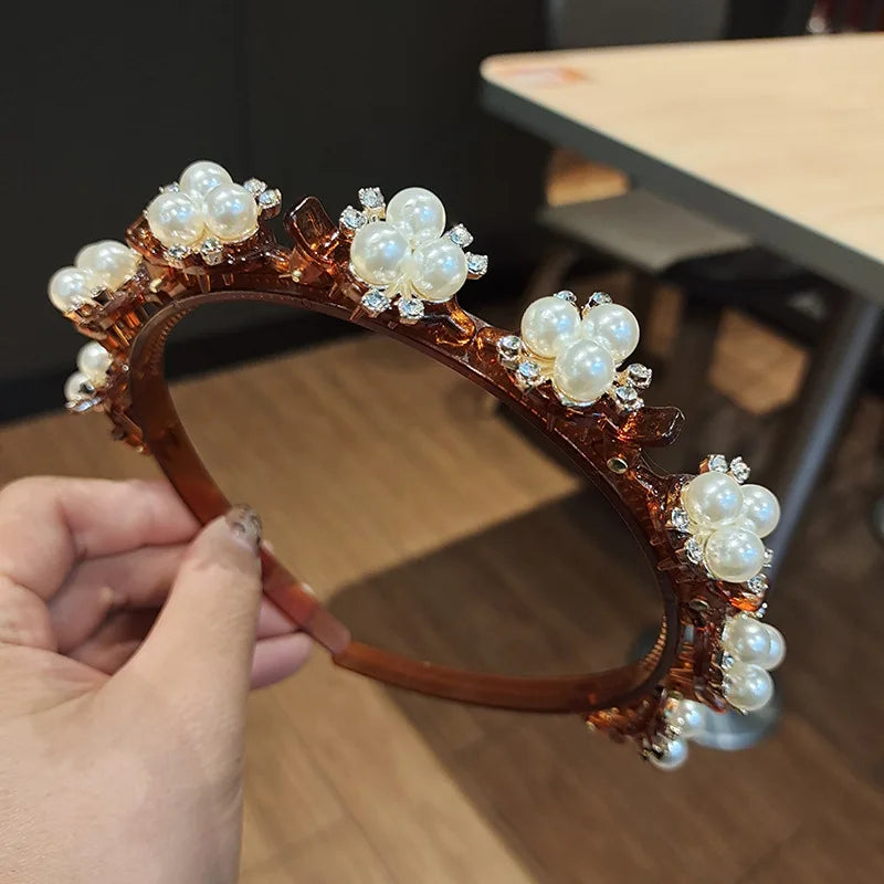 Double Layer Braided Pearl Headband for Women