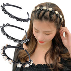Double Layer Braided Pearl Headband for Women