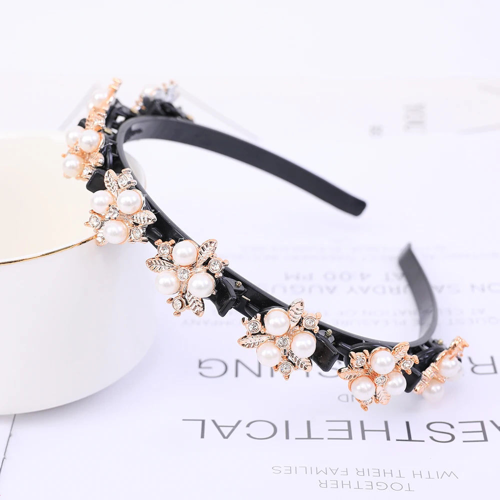 Double Layer Braided Pearl Headband for Women