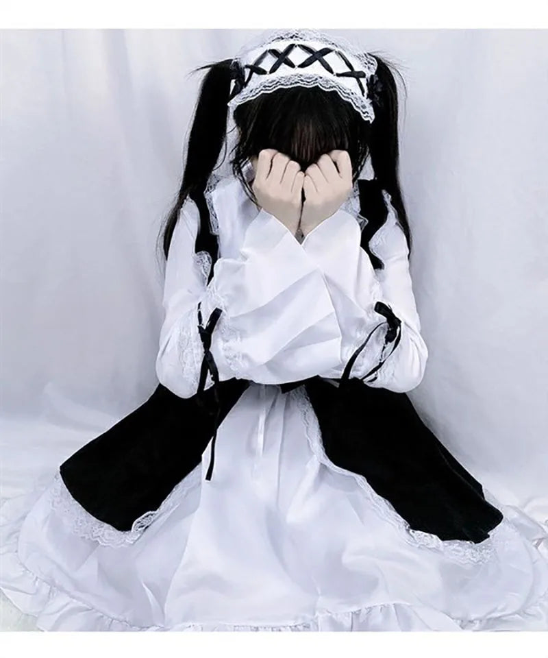 Women Maid Lolita Cosplay Costume – Black & White Apron Dress