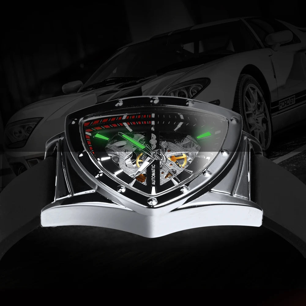 WINNER Sports Triangle Skeleton Automatic Men Watch Luminous Pointers Fashion Rubber Strap Luxury Military Mechanical Watches