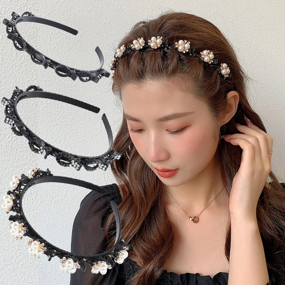 Double Layer Braided Pearl Headband for Women