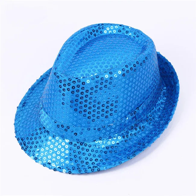 Adult  and Child Unisex Brilliant Glitter Sequins Hat Dance Fedora Hat Kid Dance Cap Solid Jazz Hat Party Glitter Costum 2size