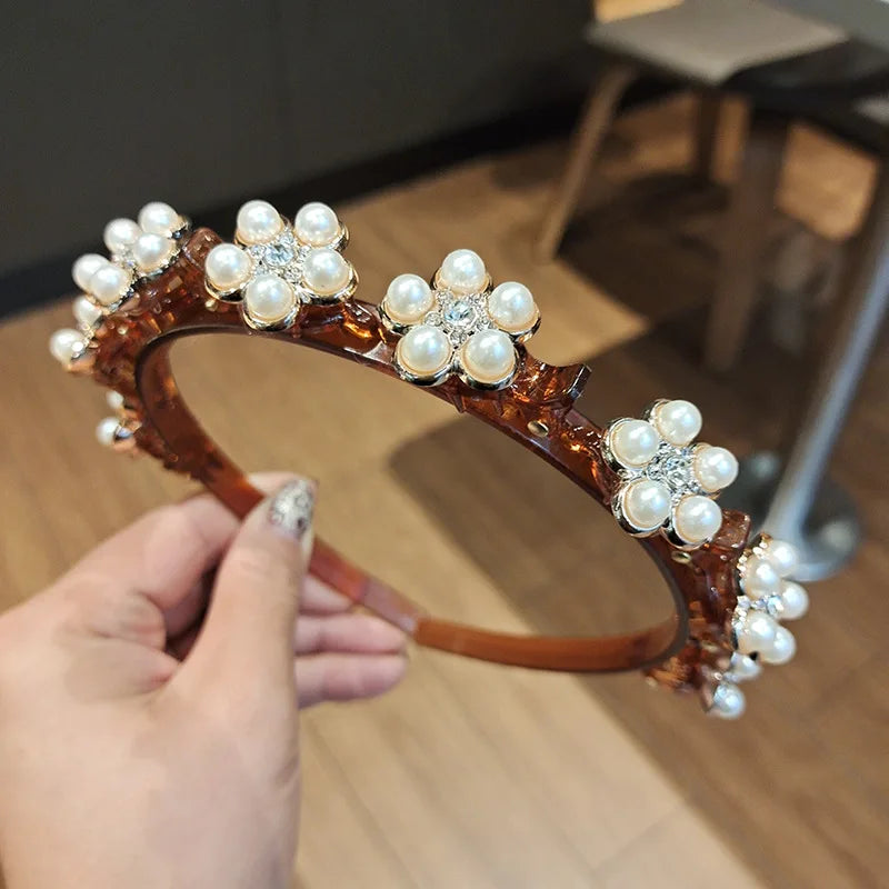 Double Layer Braided Pearl Headband for Women
