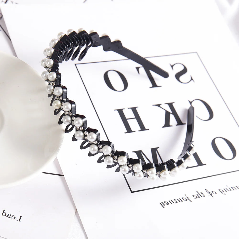 Double Layer Braided Pearl Headband for Women