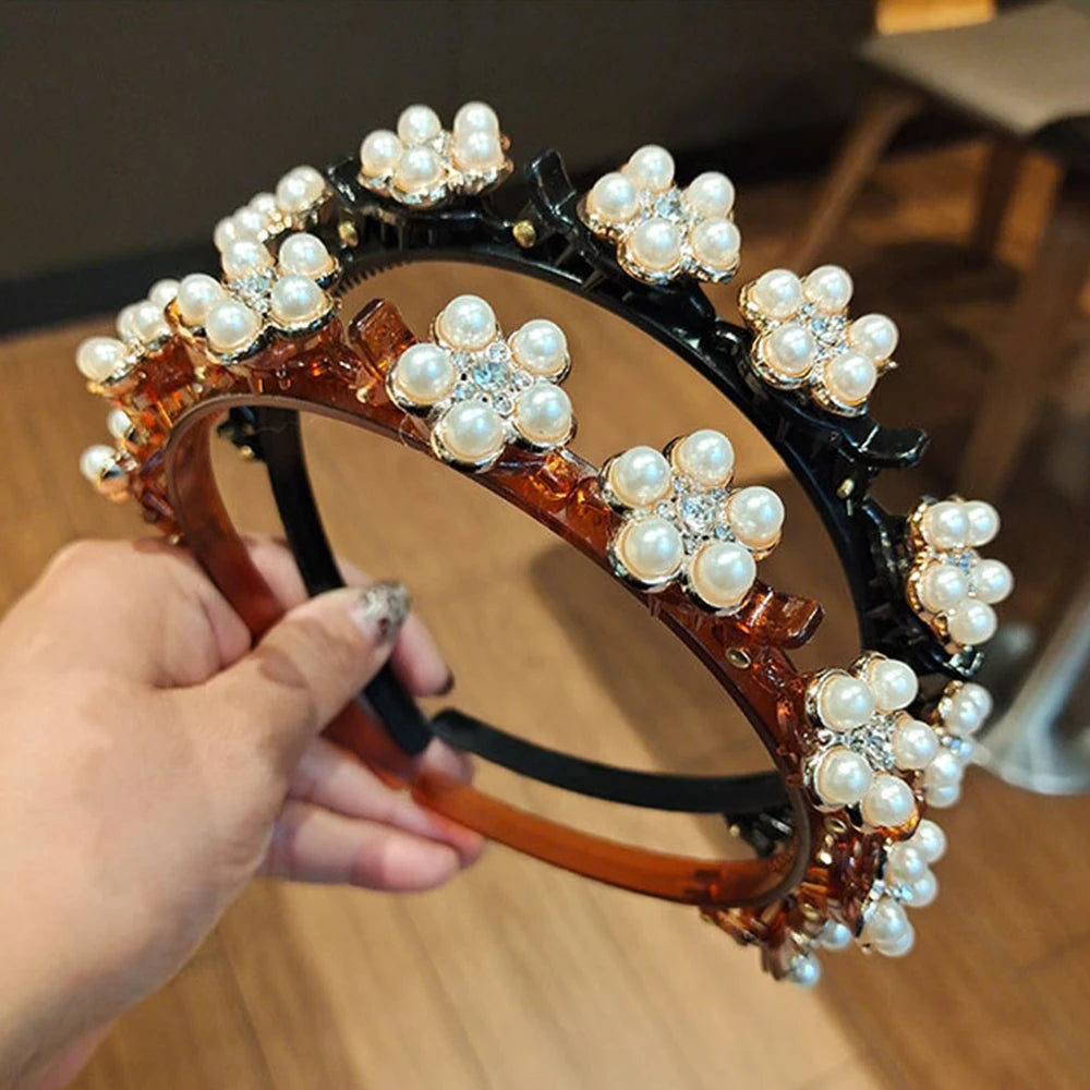 Double Layer Braided Pearl Headband for Women