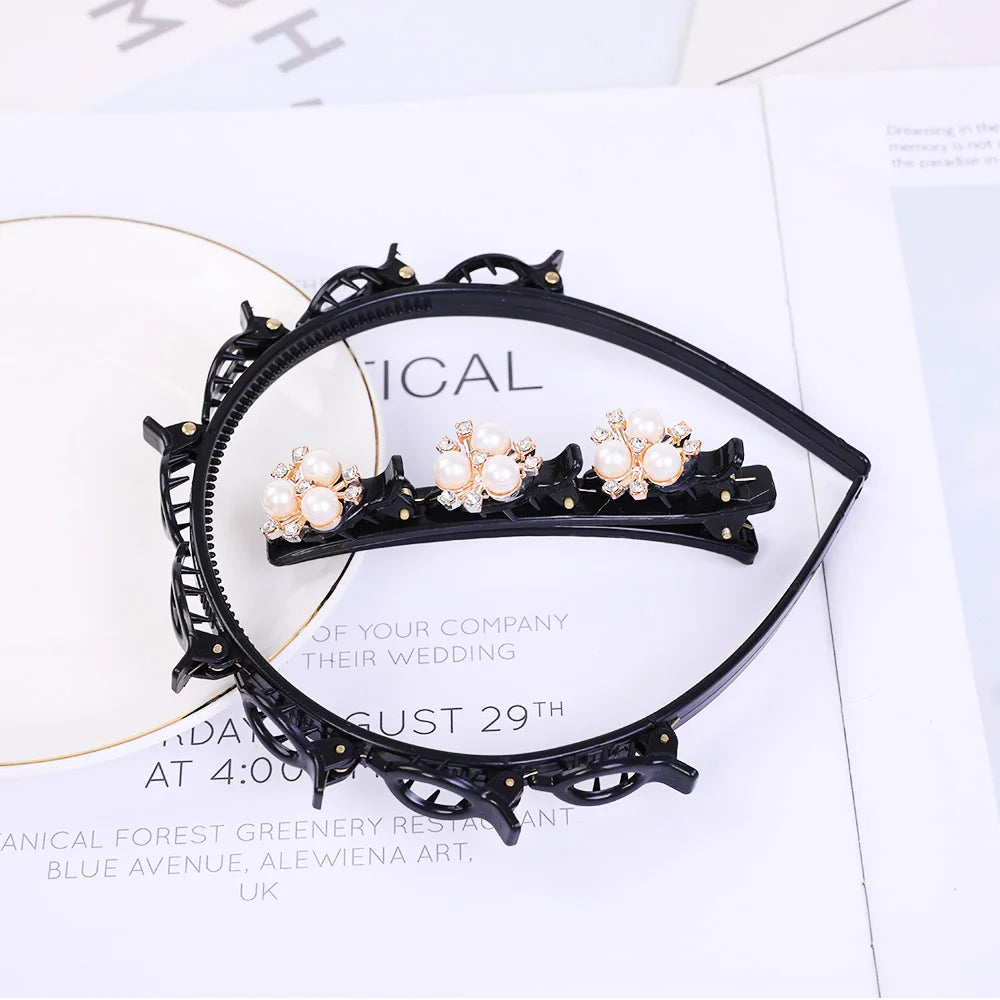 Double Layer Braided Pearl Headband for Women