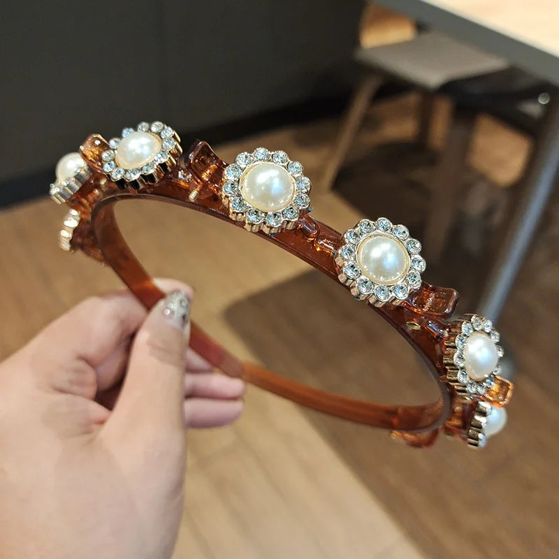 Double Layer Braided Pearl Headband for Women