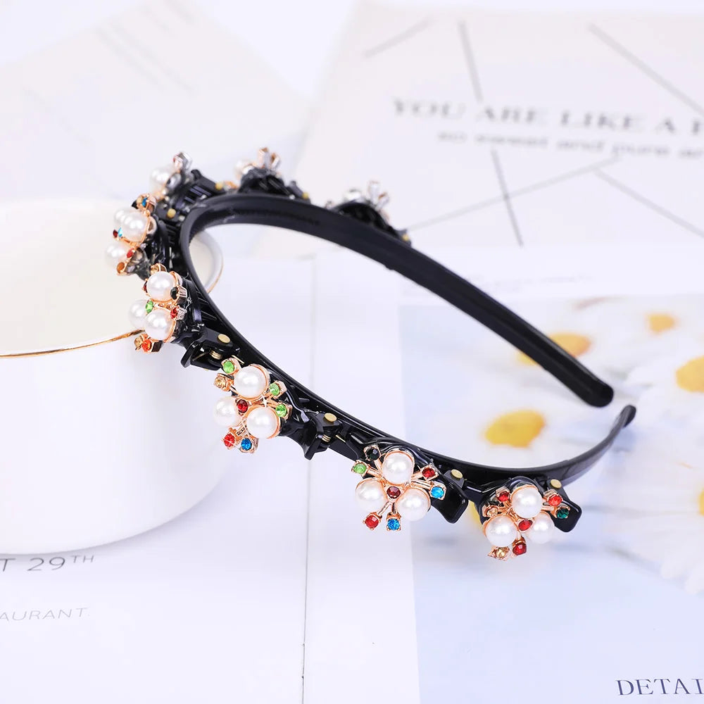 Double Layer Braided Pearl Headband for Women