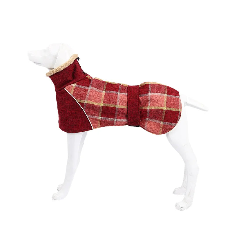 Warm Fleece Winter Big Dog Clothes Fashion Plaid Print  Pet Jacket with Belt for Medium Large Dogs Greyhound Weimaraner Clothing