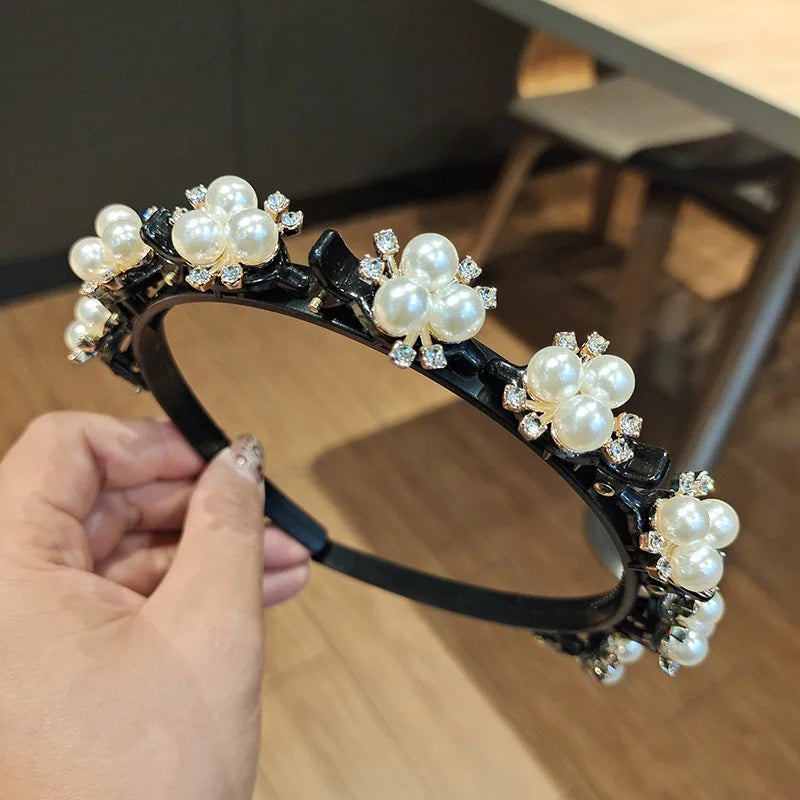 Double Layer Braided Pearl Headband for Women