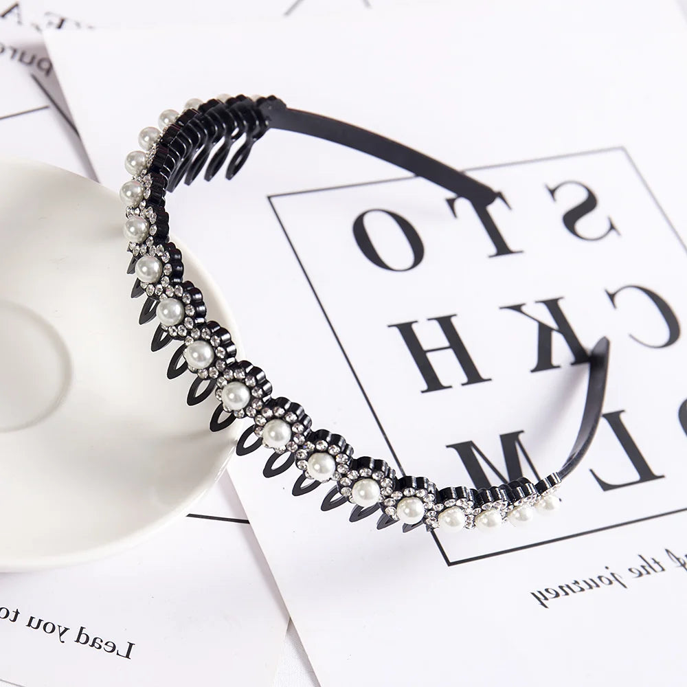 Double Layer Braided Pearl Headband for Women