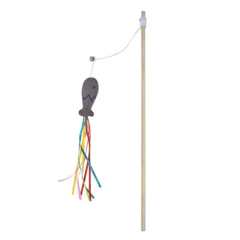 Natural Wooden Cat Teaser Wand for Interactive Indoor Cat Play