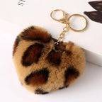 Heart Plush Pompom Keychain Leopard Print Bag Charm