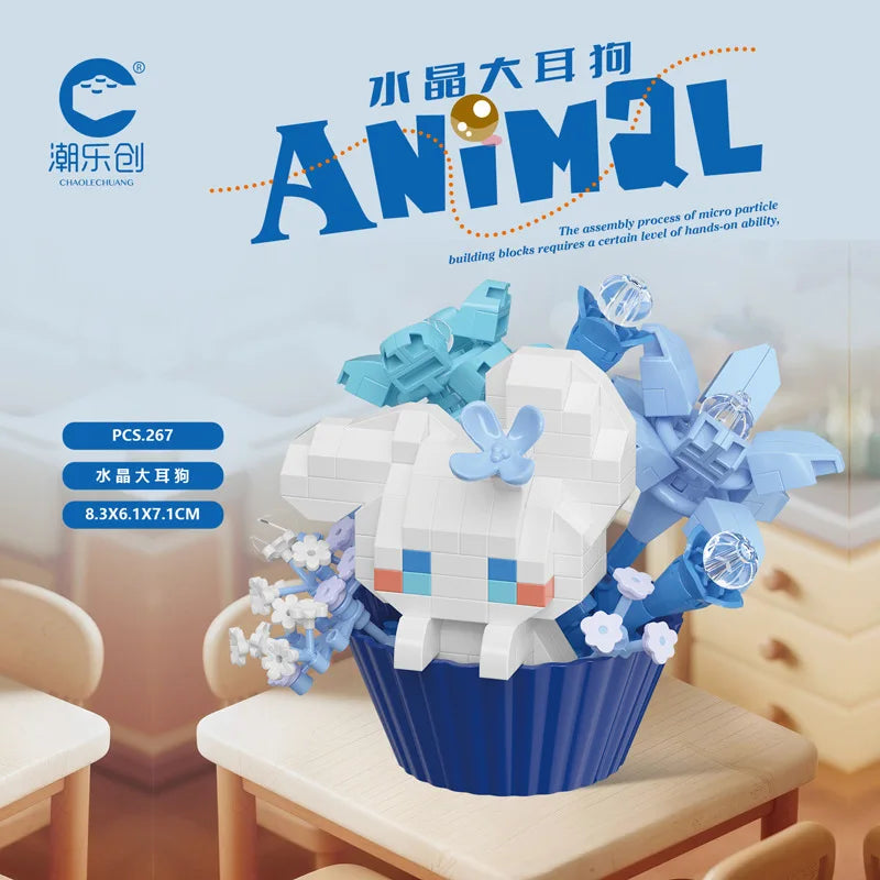 Cute Dessert Small Animals Potted Bouquet Cartoon Doll Panda Puppy Building Block Ornament Children Toys Gift