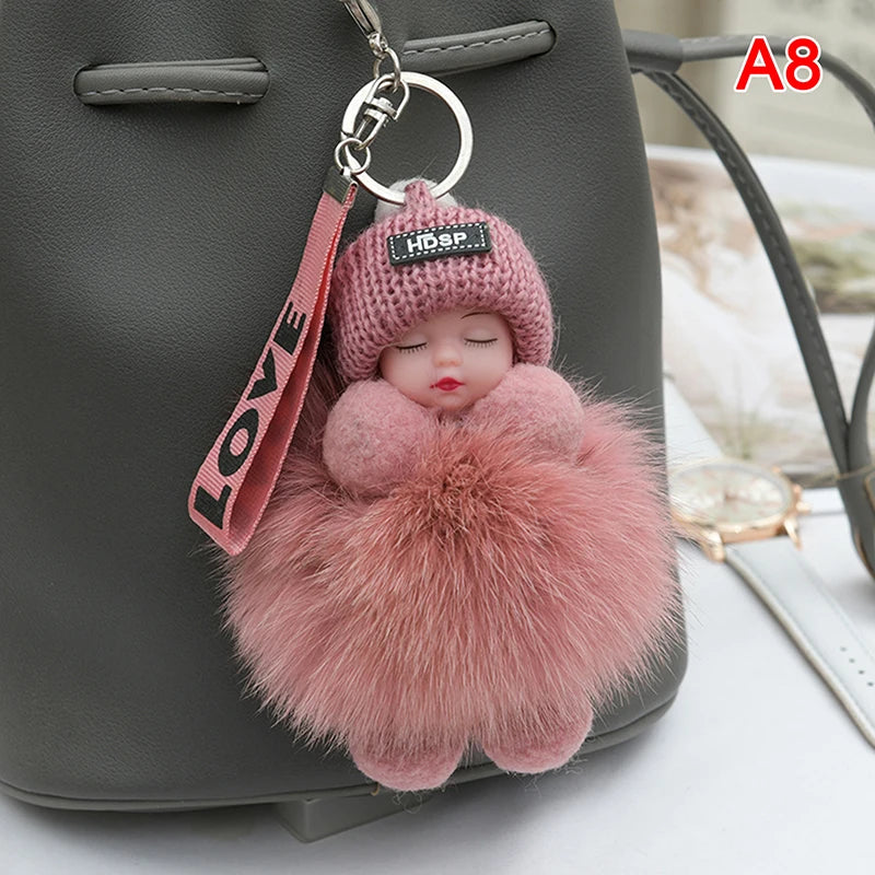 Sleeping Baby Pompom Plush Keychain Cute Fluffy Bag Charm