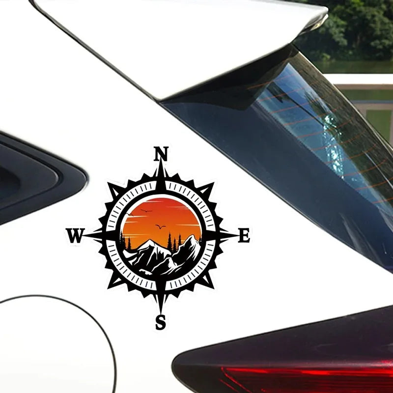 Compass Mountains Forest Sunset Vinyl Decal, Decorative Sticker for Car Motorcycle SUV Truck Window Bumper
