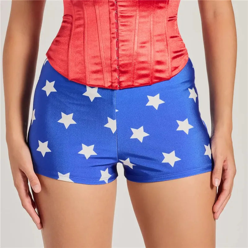 Women Blue White Star Print Shiny Stretch Boy Shorts High Waist Cosplay Costume Shorts Slim Fit Party Festival Clubwear Bottoms
