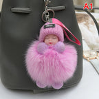 Sleeping Baby Pompom Plush Keychain Cute Fluffy Bag Charm
