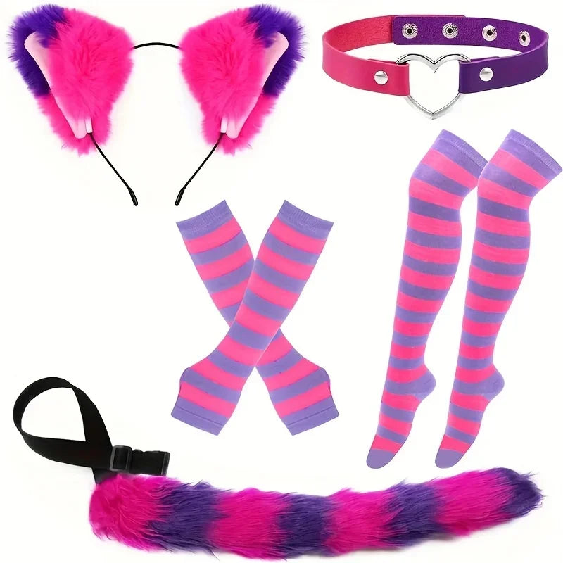Role playing costume set with black and white stripes, furry tail, gloves and socks, acting props for Halloween