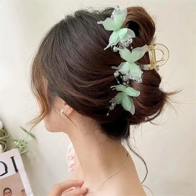 Light Blue/Pink Sheer Butterfly Claw Clip | Pearl Rhinestone Fairycore Hair Grabber | Elegant Romantic Hair Accessory