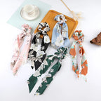 Floral Satin Bow Scrunchie with Long Ribbon Scarf