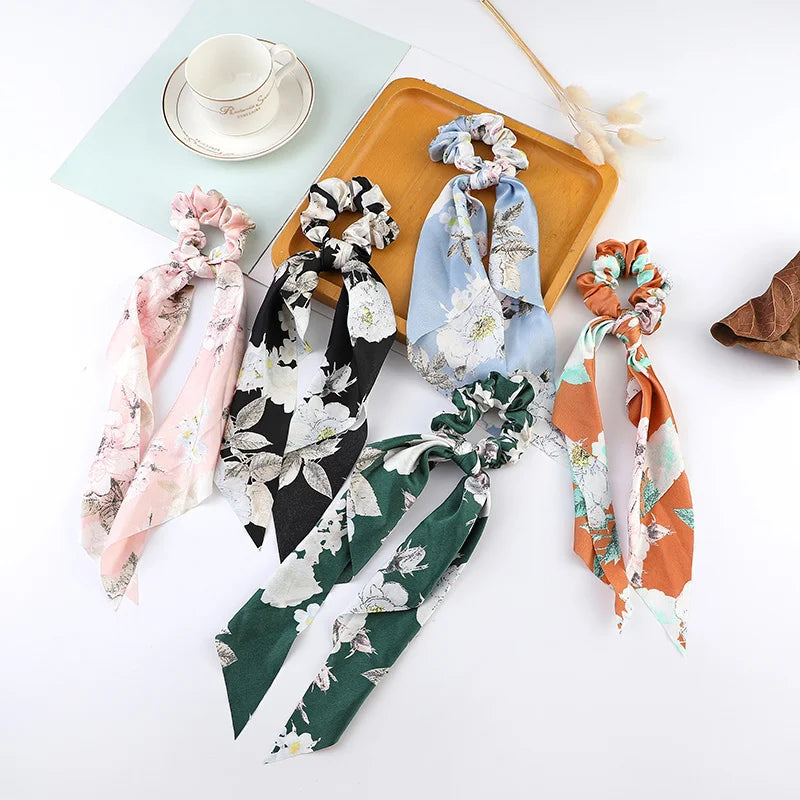 Floral Satin Bow Scrunchie with Long Ribbon Scarf