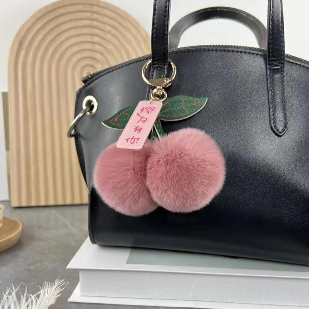 Cute Fluffy Cherry Fur Ball Keychain Bag Pendant Charm