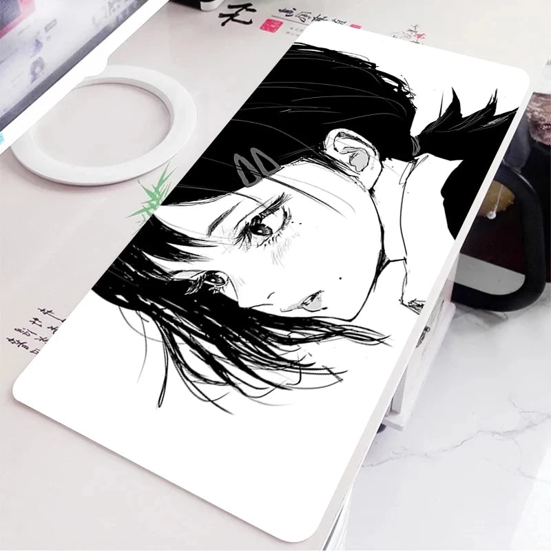 Black and White Anime Girl Table Mat Large Mouse Pad Office Keyboard Edge Locking Desk Mat Gaming Accessories Non-slip Mousepad