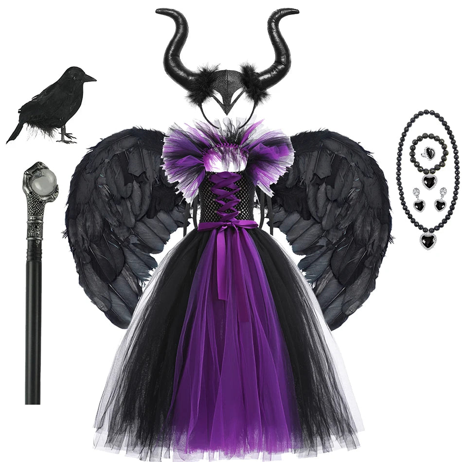 Girls Maleficent Costume Dress – Luxury Villain Tulle Gown