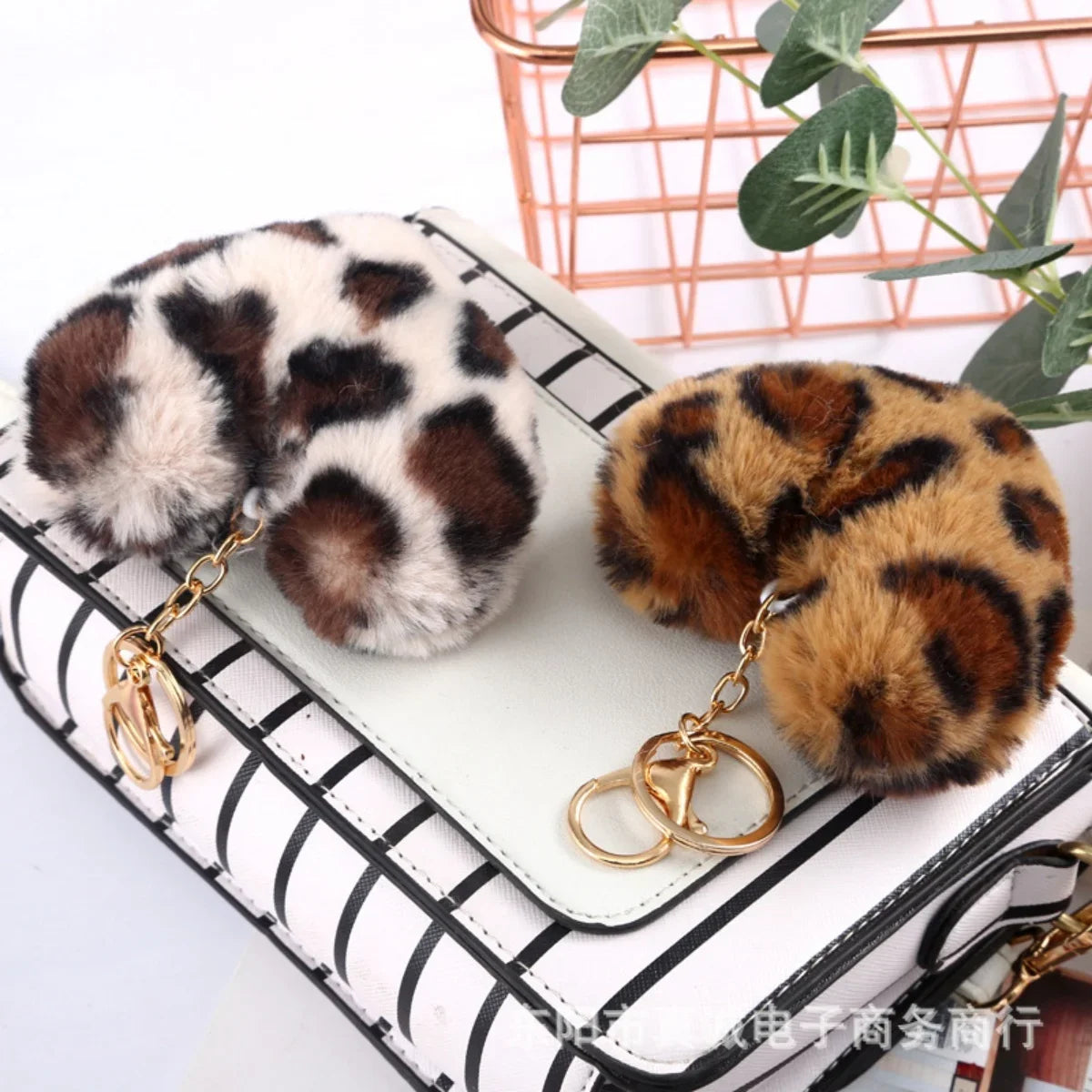 Heart Plush Pompom Keychain Leopard Print Bag Charm