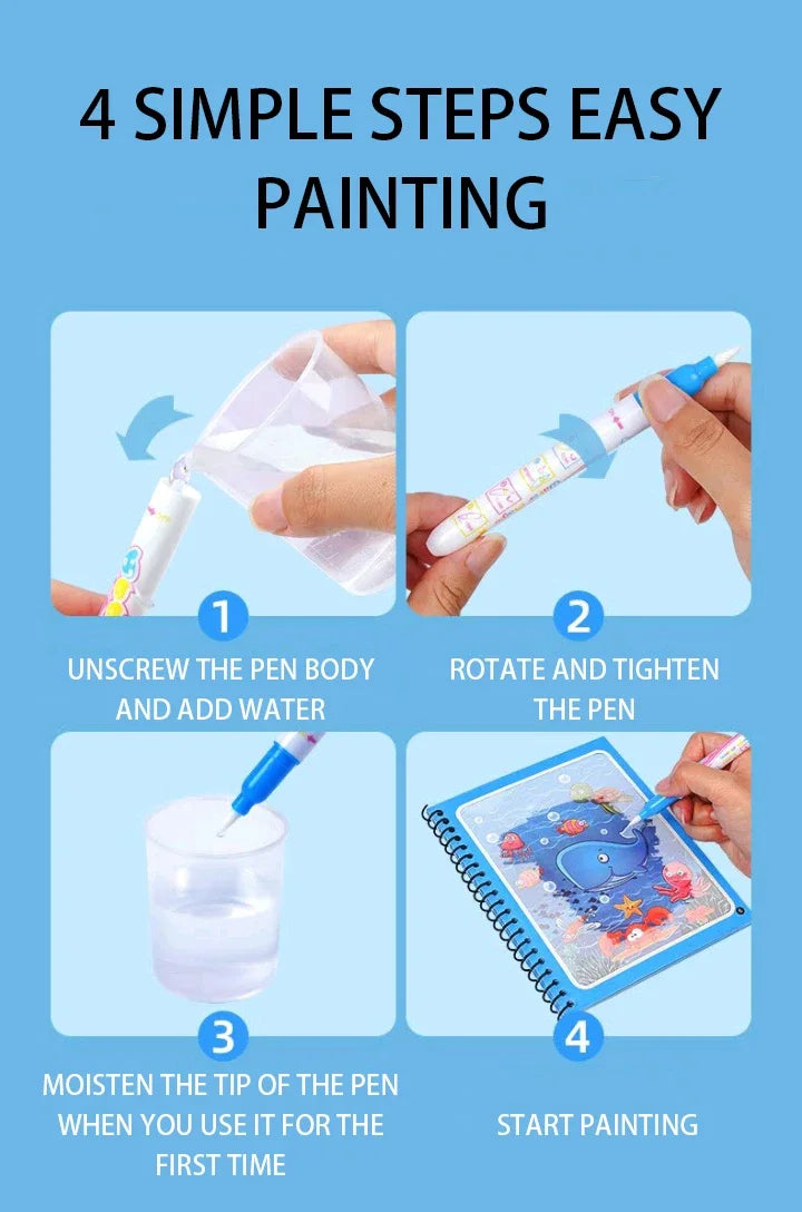 Magic Water Drawing Book with Reusable Coloring Pen for Kids Fun