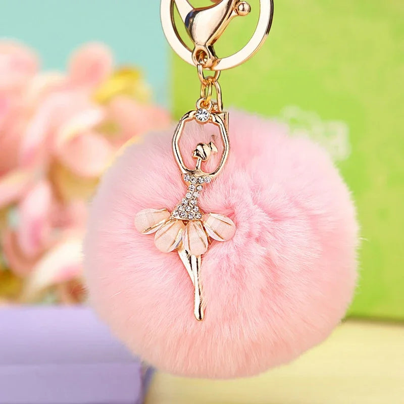 Rhinestone Ballet Dancer Plush Ball Keychain for Women and Girls
