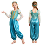 Girls Arabian Princess Costume Belly Dance Jumpsuit Shiny Sequin Tulle Overlay Satin Bodysuit for Halloween Theme Party Carnival