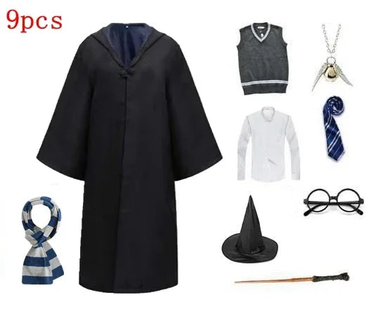 Harri Potters Adult&Children Cosplay Costume Gryffindors Shirt Gown Cloak Tie Scarf Wand Slytherin Skirt Halloween Hermione Gift
