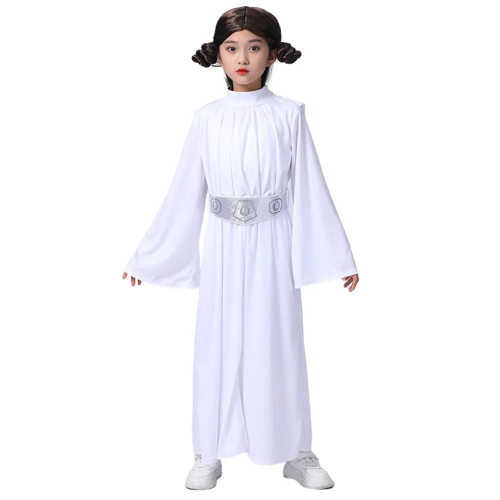 Child Princess Leia Cosplay Fancy-dress Girls White Hooded Robe Kids Outfit With Wig Halloween Carnival Party Costume