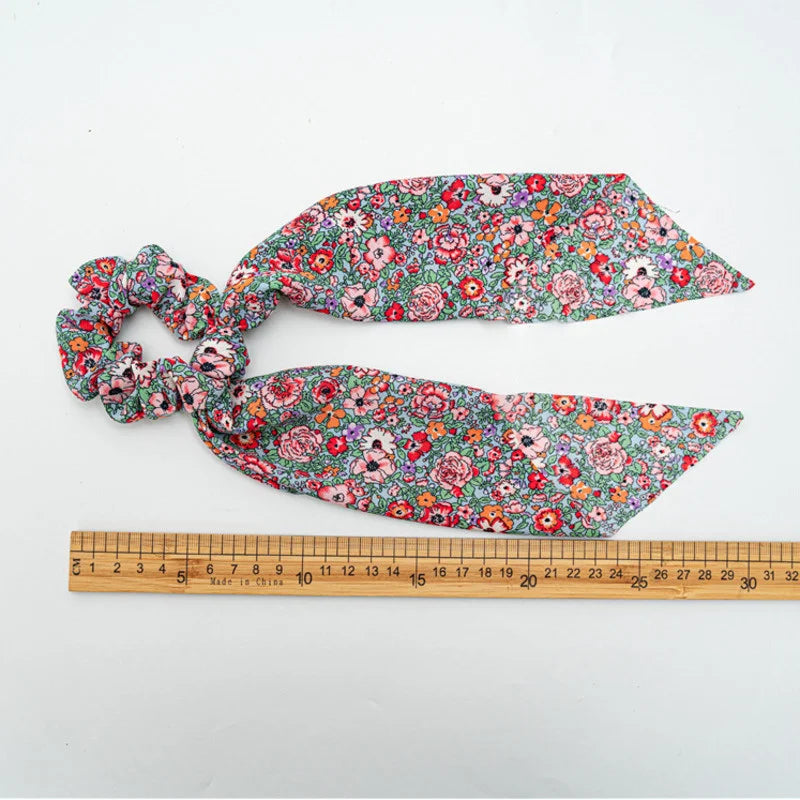 Floral Satin Bow Scrunchie with Long Ribbon Scarf