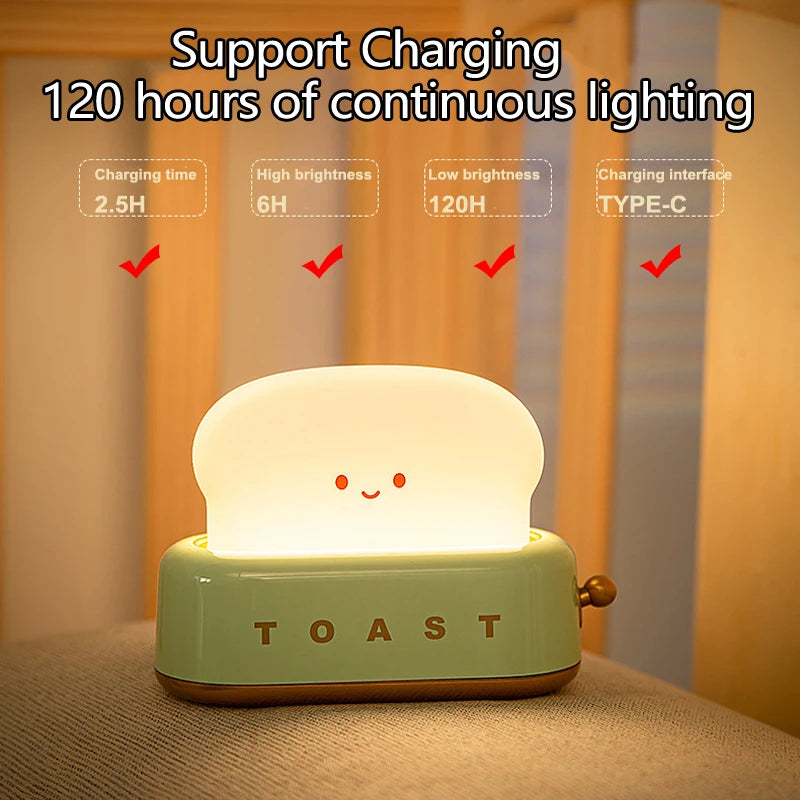 USB Rechargeable LED Bread Toast Night Light Table Lamp Bedside Portable for Bedroom Kids Room Baby Gift Holiday Decor Birthday