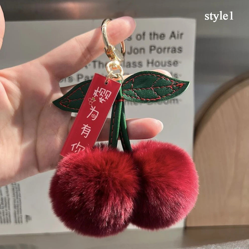 Cute Fluffy Cherry Fur Ball Keychain Bag Pendant Charm