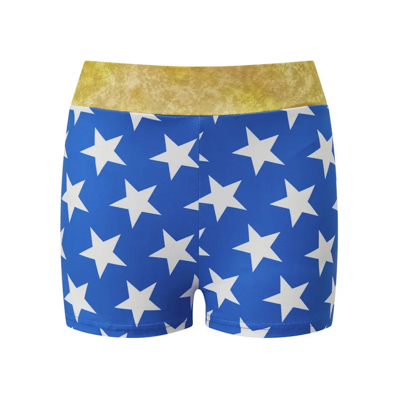 Women Blue White Star Print Shiny Stretch Boy Shorts High Waist Cosplay Costume Shorts Slim Fit Party Festival Clubwear Bottoms