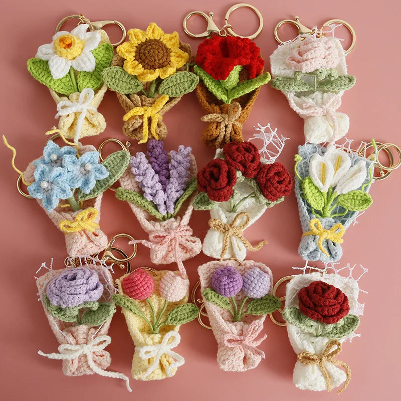 Crochet Flower Bouquet Keychain Handmade Floral Bag Charm