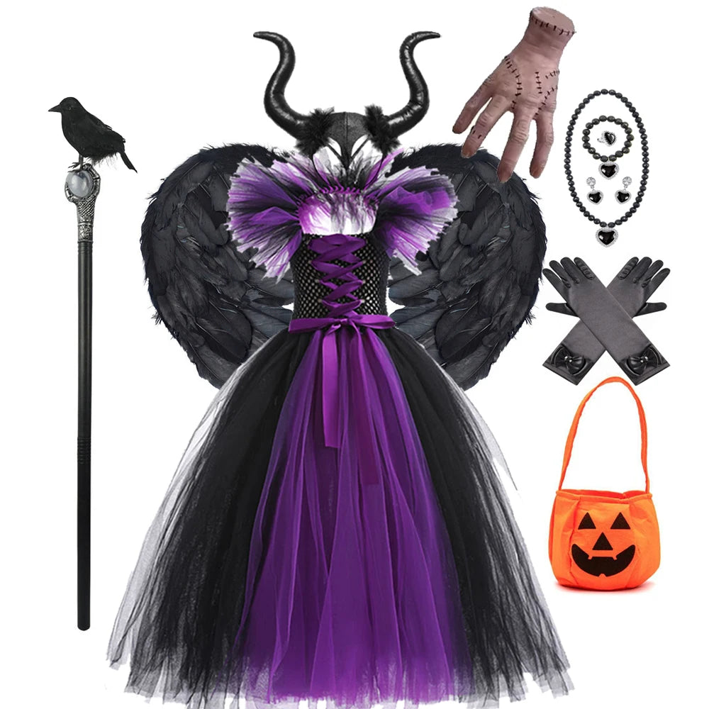 Children Cosplay Apparel for Halloween 2025 Maleficent Costume Tutu Dress Girl Evil Queen Disguise Witch Gown Villain Costume