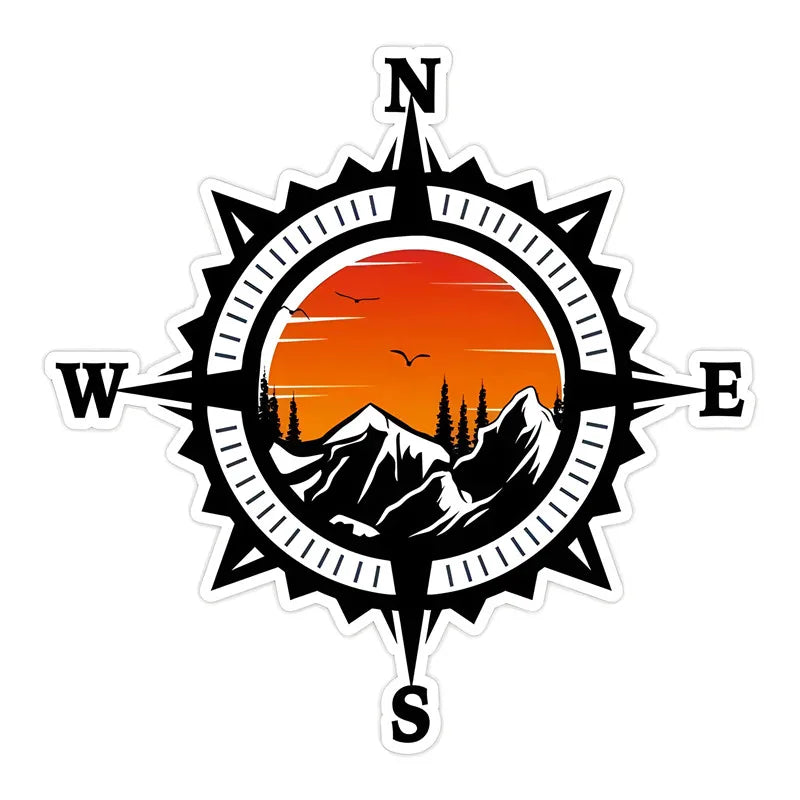 Compass Mountains Forest Sunset Vinyl Decal, Decorative Sticker for Car Motorcycle SUV Truck Window Bumper