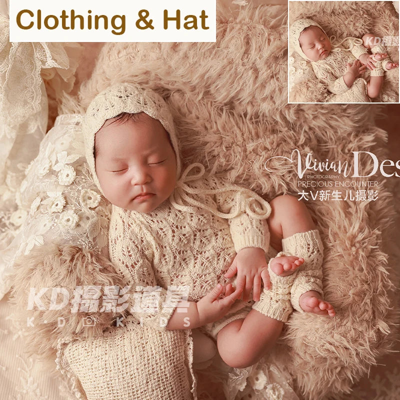 Vintage Style Newborn Photography Outfit Baby Knit Jumpsuit Romper + Hat + Socks for Photoshooting, Christening, Baby Shower